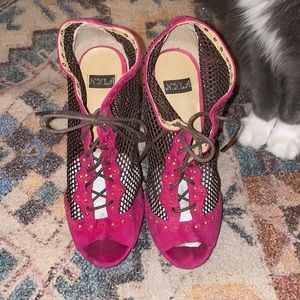 High platform heels hot pink and brown fishnet with gold studs peep toe tie up